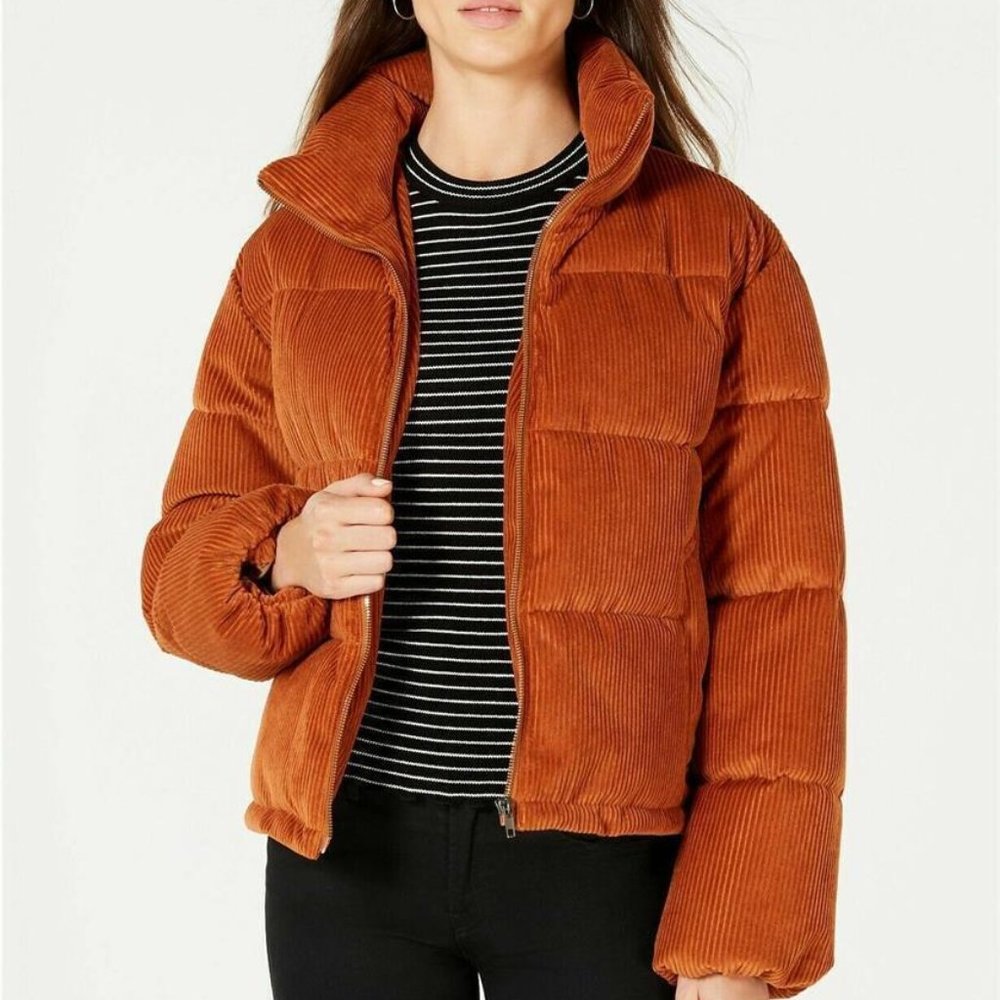 Collection B Juniors' Cropped Corduroy Puffer Coat,  Rust, Varied